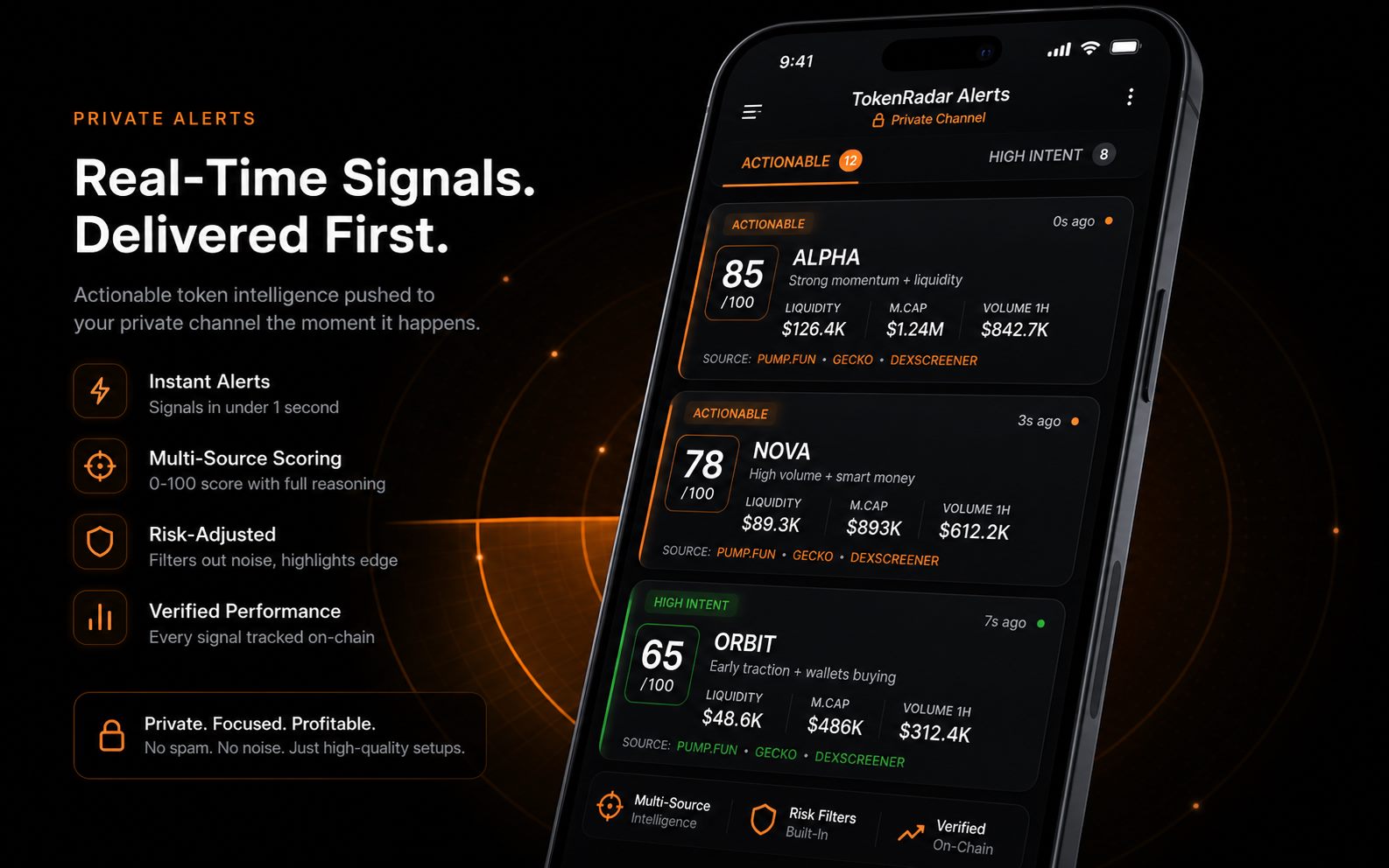 TokenRadar private Telegram alert preview